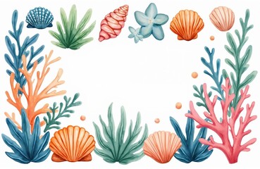 Watercolor illustration sea plants seashells starfish coral reef elements create lovely underwater scene. Great for baby shower invites nursery decor party invitations.