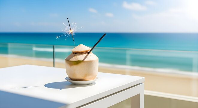 A tropical fresh coconut drink with a festive sparkler sits on a white table overlooking a vibrant turquoise ocean and sunny beach - Powered by Adobe