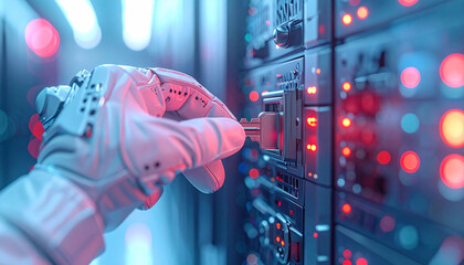 Cyber Security: A gloved hand interacts with a server rack in a cutting-edge data center, representing cybersecurity measures and modern technological advancements.