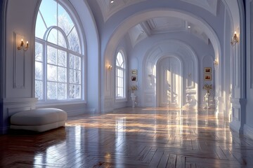 Obraz premium Elegant pale blue grand hall with arched windows, ornate molding, and warm sunlit wooden floor
