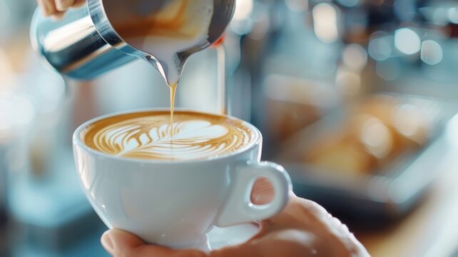 A barista pouring a perfect latte art heart into a cup of coffee.