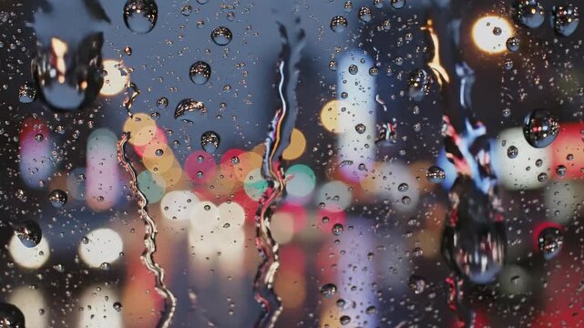 Macro shot of raindrops sliding on glass with blurred city lights in background, cinematic depth and melancholy toneMacro shot of raindrops sliding on glass with blurred city lights in background, cin
