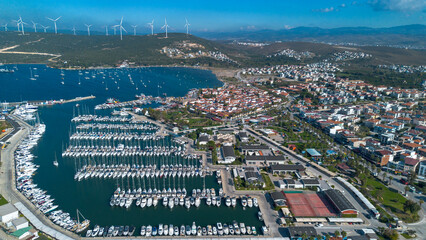 Fototapeta premium Drone Photo of Sigacik Marina, Aegean Sea Cittaslow City Seferihisar, Izmir - Turkey