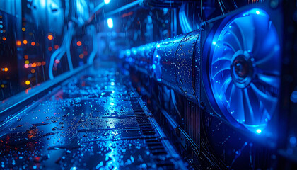 Tech Marvel: A hyper-detailed shot captures the intricate inner workings of a cutting-edge computer system, showcasing illuminated cooling fans and high-tech components.