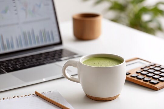 Matcha mug on a desk with laptop and financial charts in the background