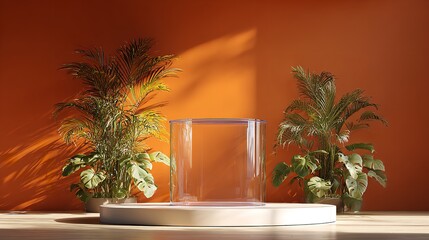 Elegant Glass Platform with Roman Arches, Columns, and Tree for Luxury Brand Presentation