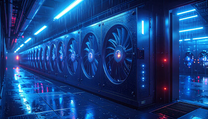Digital Frontier: A high-tech server room glows with an futuristic neon, showcasing rows of advanced server components in a cool, efficient, and technologically advanced environment.