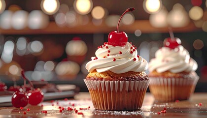 Cupcake with fluffy cream frosting and cherry topping — bakery and dessert concept, realistic lighting and detail.
