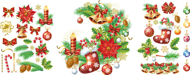 Christmas Elements and Festive Arrangement Clipart Set,  perfect for holiday cards, invitations, crafts, packaging, and seasonal graphic design projects.