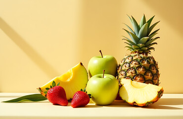 delicate assortment seasonal fruits plump strawberries crisp green apples juicy pineapple wedges artfully posed warm
