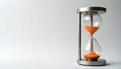 Modern metal hourglass stands on simple white background. Orange sand flows down from top bulb to bottom bulb. Marks passing time, countdown, deadline, important measurement of duration, urgency in