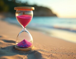 Glass hourglass with bright pink sand sits on golden beach. Sand slowly drops, passing time, summer vacation. Tranquil sea, distant coast in soft sunlight. Means relaxation, holidays.