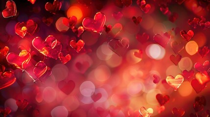 A vibrant background filled with red hearts and soft bokeh lights. The scene conveys a romantic atmosphere, perfect for Valentine's Day themes.