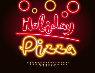 Vector template Holiday Pizza for Restaurant Menu, Cafe Offers. Yellow Neon Font. Calligraphic set of artistic Alphabet Letters and Numbers