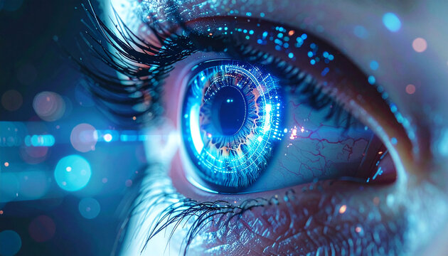 The Cybernetic Gaze: An artistic close-up reveals a mesmerizing eye, enhanced with digital elements, symbolizing the convergence of technology and human vision. 