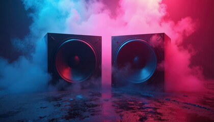 Fototapeta premium Two large speakers emit neon pink and blue smoke. The dark room has a wet concrete floor reflecting vibrant colored lights. Intense sound equipment ready for party or concert.
