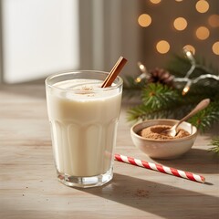 Creamy Eggnog Drink with Red Striped Straw and Pine Decor 