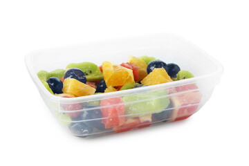 Tasty fruit salad in plastic container isolated on white. Healthy snack