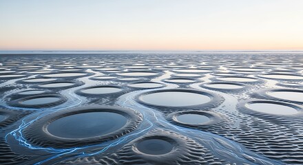 Mesmerizing patterns of tidal pools on a sandy beach at sunset.