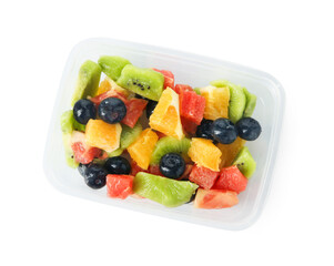 Tasty fruit salad in plastic container isolated on white, top view. Healthy snack