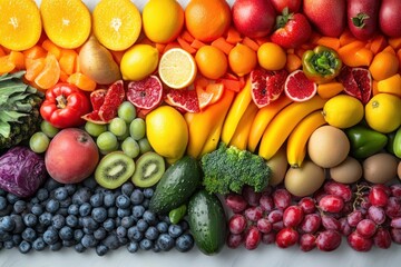 A vibrant and colorful display of fruits and vegetables, arranged in a visually appealing manner.