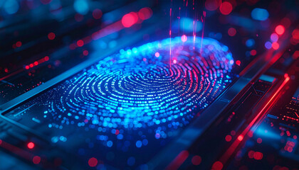 Digital Fingerprint: A close-up view of a digital fingerprint, illuminating intricate patterns of identity within a futuristic, high-tech interface. Reflecting themes of security, access.
