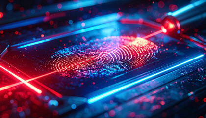 Cyber Security Fingerprint: Captivating close-up of a digital fingerprint, illuminated by red and blue laser beams. This image represents cyber security.