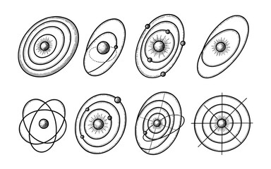 Vintage celestial diagrams with orbital and planetary designs in hand-drawn style