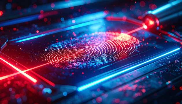 Cyber Security Fingerprint: Captivating close-up of a digital fingerprint, illuminated by red and blue laser beams. This image represents cyber security.