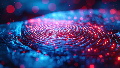 Digital Identity Unveiled: A close-up view of a fingerprint, pulsating with vibrant data streams, symbolizing the essence of digital identity and security in the modern world.
