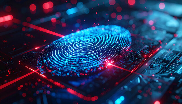 Cyber Security: A captivating macro perspective showcases a digital fingerprint, elegantly illuminated by an intricate interplay of blue and red light.