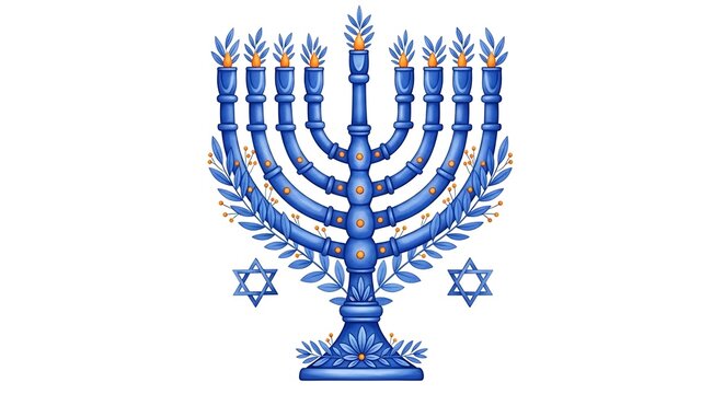Photo of a beautifully ornate blue hanukkah menorah adorned with olive branches and stars of david, presented as a graphic illustration on a white background