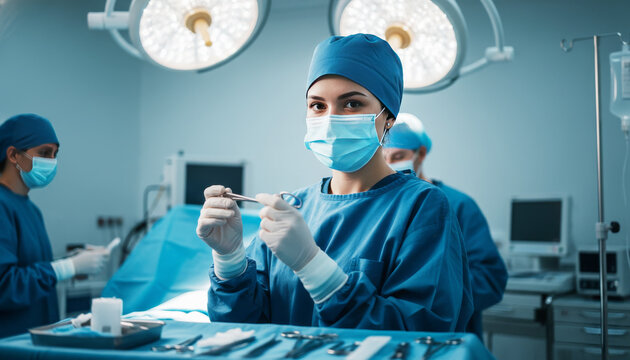Focus and Precision: A skilled surgeon, dressed in sterile attire, maintains sharp focus while carefully preparing instruments within the operating room. This captures the dedication, precision. - Powered by Adobe
