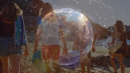 Group entering frame and walking to shore for leisure, man carrying cooler rotating tech globe - Powered by Adobe