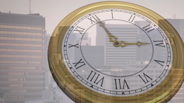 Ornate clock starting on frame one, faint dial over skyline, hands rotating showing time flow