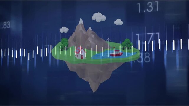 3D floating island being animated on audio pulse, mountain rising, objects appearing to show data