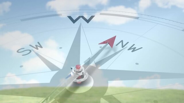 Animation starting, red compass needle pivoting SE to N, overlaying pasture to show bearing shift