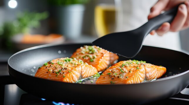 Gourmet Salmon Delight: A culinary artist delicately tends to sizzling salmon fillets in a gleaming pan, poised to create a masterpiece of flavor and texture.