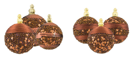 two groups of luxurious copper and bronze christmas ornaments, intricately decorated with beads and sequins, isolated on a transparent background.