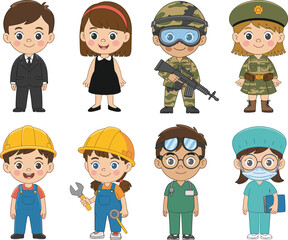 Cartoon profession characters, diverse career roles, vector illustration, kids in uniforms, educational theme, occupational outfits, isolated white background, job concept design