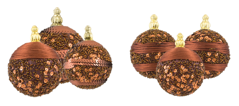 two groups of luxurious copper and bronze christmas ornaments, intricately decorated with beads and sequins, isolated on a transparent background.