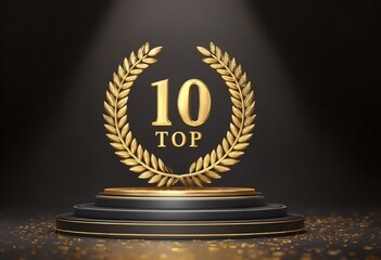Golden number "10" and laurel wreath trophy, symbolizing achievement and ranking on black pedestal.