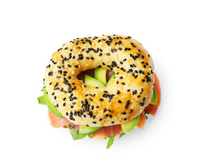 Delicious bagel with salmon, avocado and arugula isolated on white, top view
