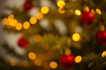 Obraz premium Generative AI enchanting festive bokeh lights and baubles sparkle.