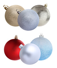 assortment of six colorful christmas ornaments featuring red, silver, blue, and gold baubles with diverse textures including glitter, matte, and glossy finishes isolated on black.