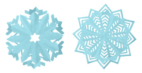 a photograph featuring two large, complexly layered paper cut snowflakes with an icy blue tint, isolated and centered on a pure transparent background.