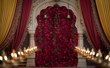 Obraz premium Ornate Rose-Covered Archway with Diyas and Silk Drapes for Classical Indian Dance Backdrop