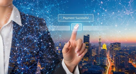 Woman completing online payment with digital technology against cityscape background.