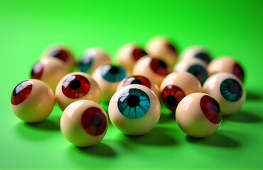 shot assorted colorful halloween candies resembling severed eyeballs arranged macabre pattern vibrant electric