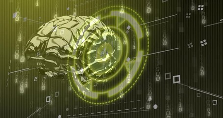 Glossy metallic brain rotating and tilting right HUD glow starting falling binary showing data scan - Powered by Adobe